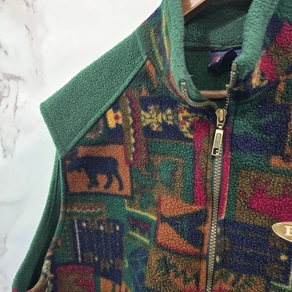 Banff National Park Vest Mens Large Green Red Vintage Zip Fleece 90s Canada - Picture 2 of 9